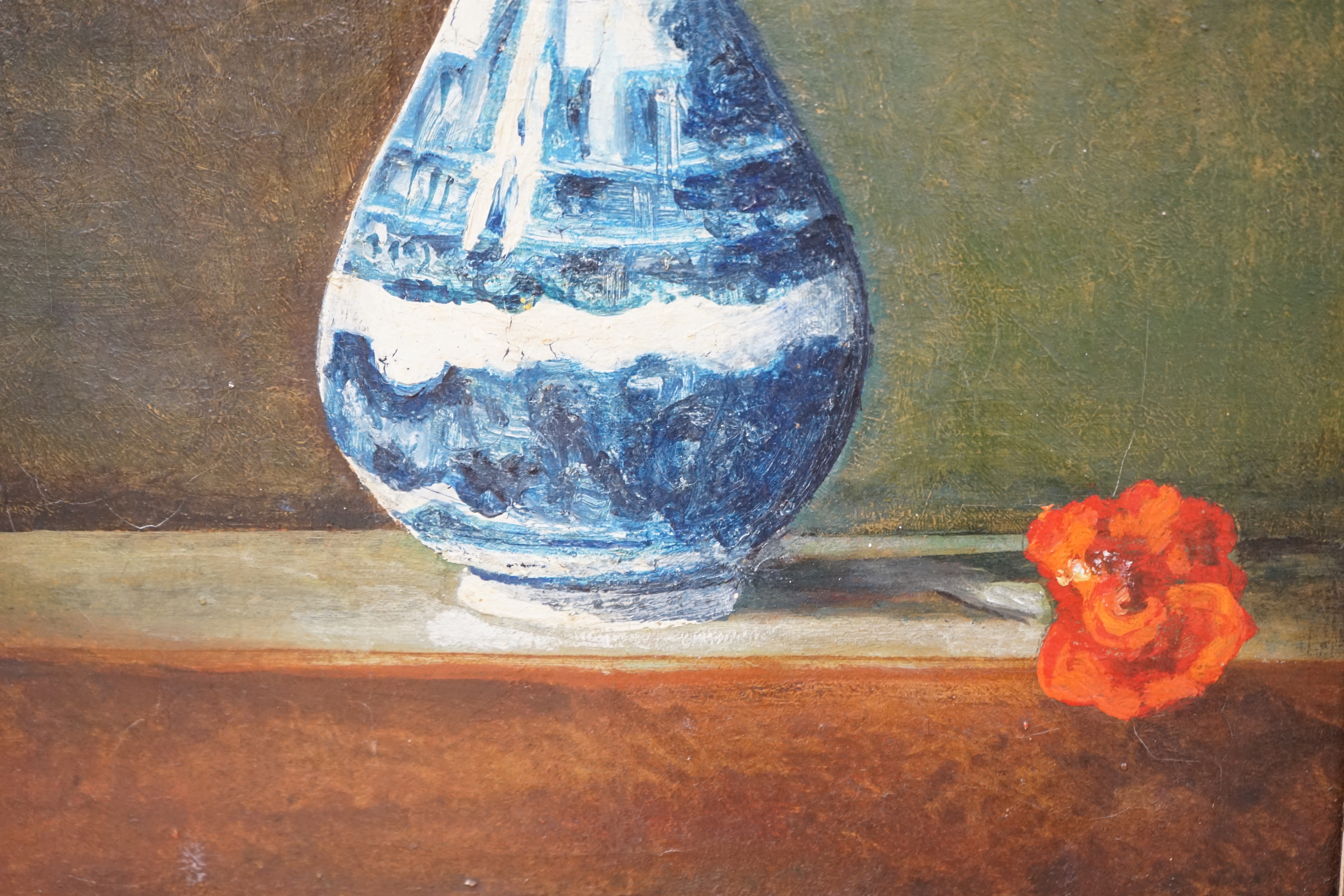 German School c.1990, oil on canvas, Still life of flowers in a Delft vase, indistinctly monogrammed lower right, 45 x 29cm